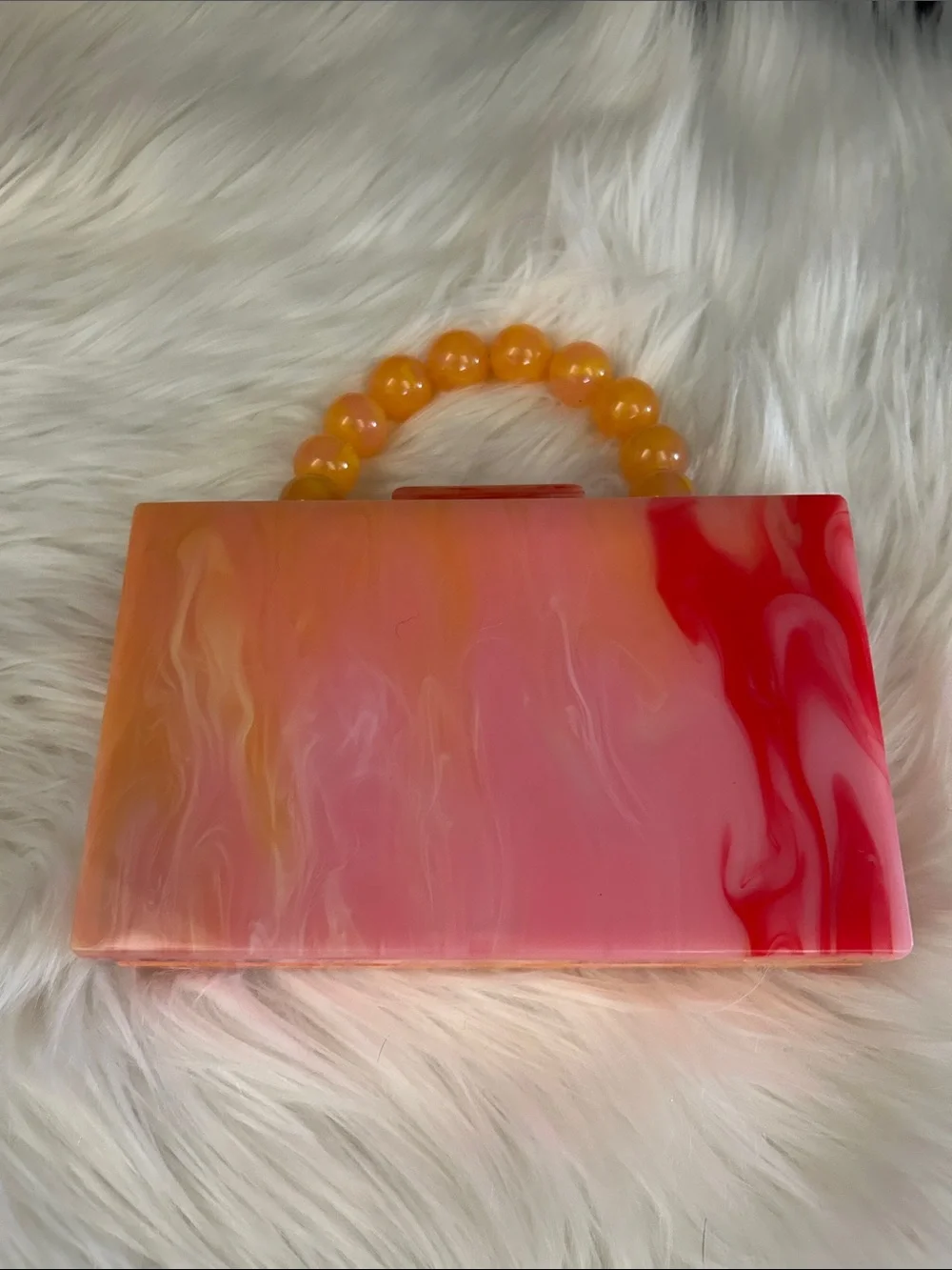 NWT Marbled Orange-Pink Acrylic Top-Handle Clutch w/ chain